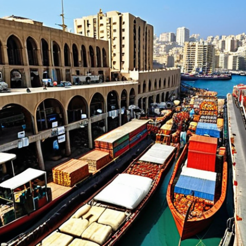 Home 15 **
A bustling scene at the Port of Beirut, Lebanon. Ships are being loaded and unloaded with various goods. Include market stalls and merchants nearby. Capture the vibrant atmosphere of a Middle Eastern trading hub, with a mix of modern and traditional elements.
**