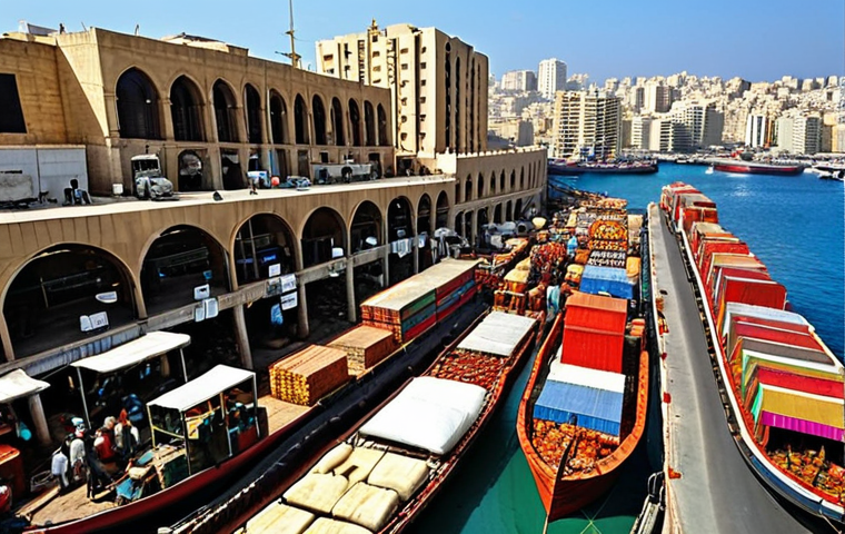 **
A bustling scene at the Port of Beirut, Lebanon. Ships are being loaded and unloaded with various goods. Include market stalls and merchants nearby. Capture the vibrant atmosphere of a Middle Eastern trading hub, with a mix of modern and traditional elements.
**