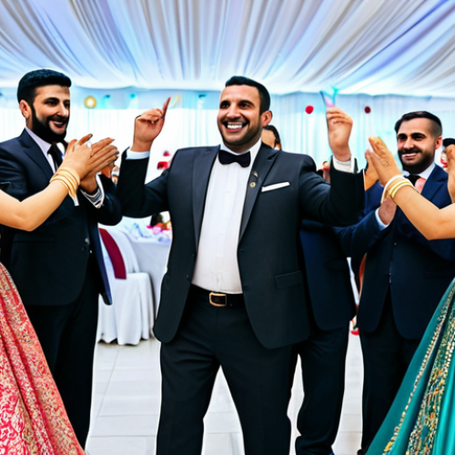 Home 14 A vibrant scene at a Lebanese wedding reception, featuring guests joyfully participating in the traditional Dabke dance. Subjects are fully clothed in elegant, modest, and culturally appropriate formal attire, showcasing a blend of traditional and modern styles. The environment is festive and lively, adorned with tasteful decorations. All figures exhibit perfect anatomy, correct proportions, and natural poses with well-formed hands and proper finger count. The image is a high-quality, professional photograph, appropriate content, family-friendly, and safe for work.