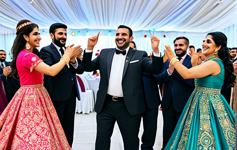 A vibrant scene at a Lebanese wedding reception, featuring guests joyfully participating in the traditional Dabke dance. Subjects are fully clothed in elegant, modest, and culturally appropriate formal attire, showcasing a blend of traditional and modern styles. The environment is festive and lively, adorned with tasteful decorations. All figures exhibit perfect anatomy, correct proportions, and natural poses with well-formed hands and proper finger count. The image is a high-quality, professional photograph, appropriate content, family-friendly, and safe for work.