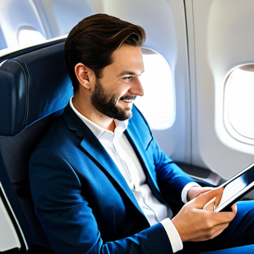 Home 7 A male passenger, fully clothed in smart casual, modest attire, comfortably seated in a modern airplane economy class cabin. He is enjoying the in-flight entertainment on a large touchscreen with ample legroom, his posture natural and relaxed. The cabin is well-lit and clean. safe for work, appropriate content, professional, perfect anatomy, correct proportions, natural pose, well-formed hands, proper finger count, natural body proportions, high quality, professional photography.