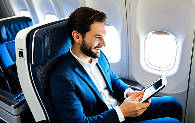 A male passenger, fully clothed in smart casual, modest attire, comfortably seated in a modern airplane economy class cabin. He is enjoying the in-flight entertainment on a large touchscreen with ample legroom, his posture natural and relaxed. The cabin is well-lit and clean. safe for work, appropriate content, professional, perfect anatomy, correct proportions, natural pose, well-formed hands, proper finger count, natural body proportions, high quality, professional photography.