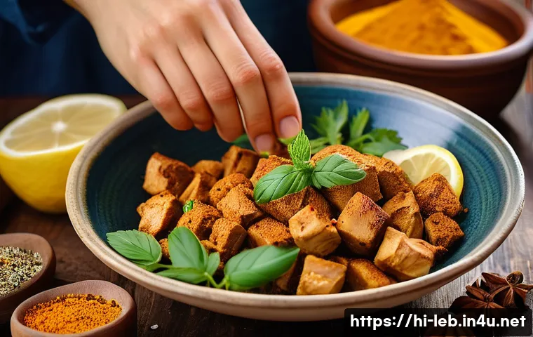 레바논식 바베큐 그릴레드 미트 - **Aromatic Lebanese Spice Infusion and Marination.**
A close-up, vibrant image showcasing an arr...