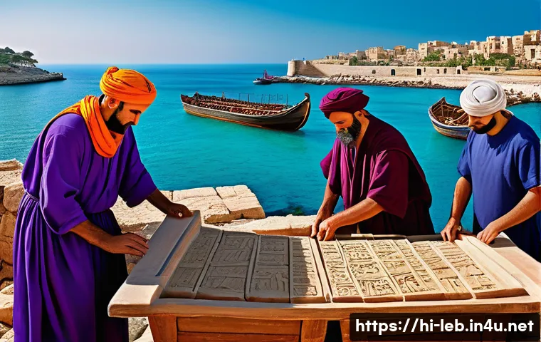 레바논 역사 박물관 및 방문 정보 - **Prompt:** A vibrant, historical scene depicting an ancient Phoenician port in Lebanon during its p...