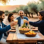 Home 23 레바논 음료 문화 아락 등 - A traditional Lebanese family gathering scene centered around sharing Arak drinks: Middle Eastern ad...