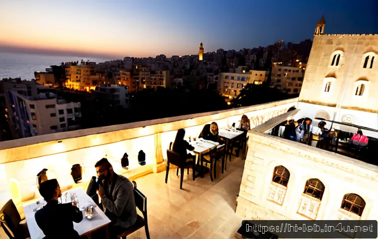 레바논의 인스타그램 핫스팟 - Photorealistic golden-hour rooftop terrace in Beirut, Lebanon, stylish young adult travelers in mode...